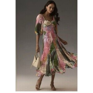 NWT HUTCH Twist-Front Printed Puff-Sleeve Ruffle-Hem Dress Sz XL Pink